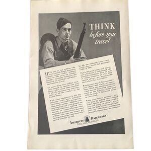 Vintage 1943 American Railroads Think Before you Travel Ad Advertisement